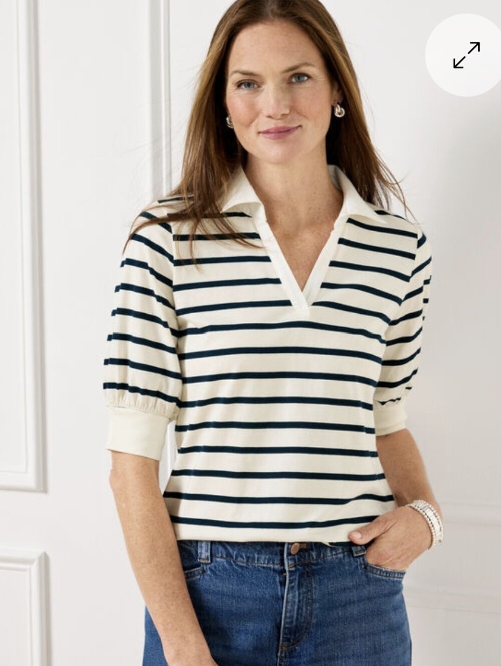 Talbots Pima Cotton Johnny Collar Pullover - Primrose Stripe. Size Medium.